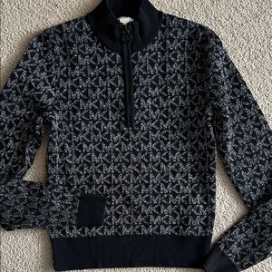 Michael Kors Black and White Patterned Zip-Up Sweater